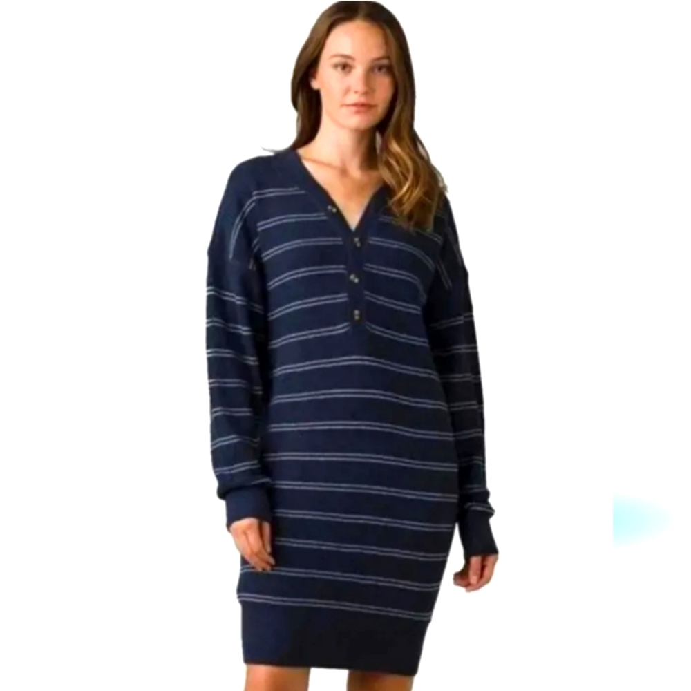 NWT Prana Navy Nautical Stripe Milani Organic Cotton Wool Blend Mini Dress Navy